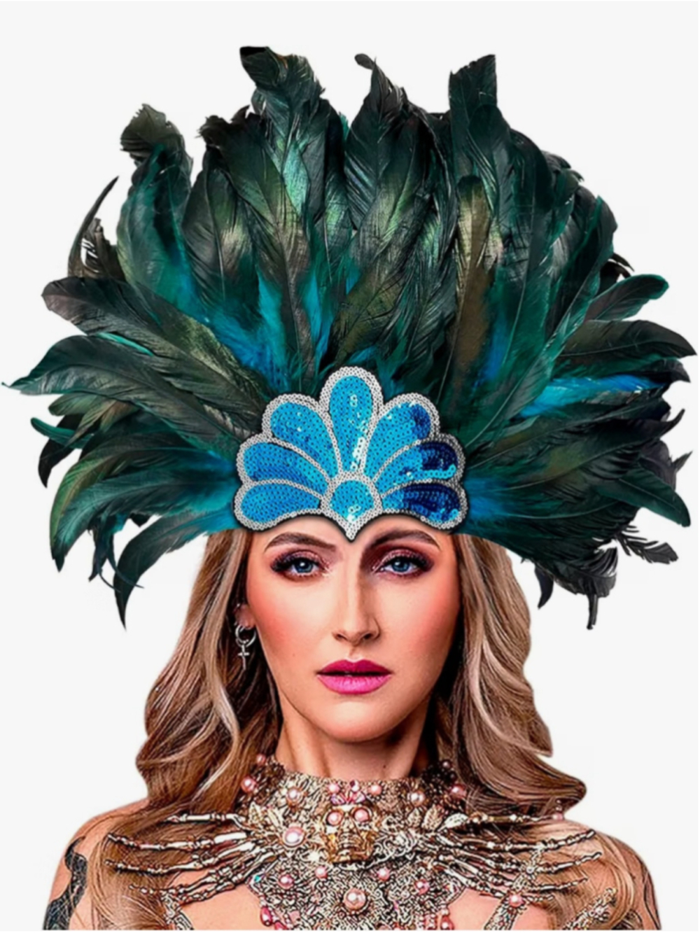 Women's Feather Headdress One Size Green and Blue